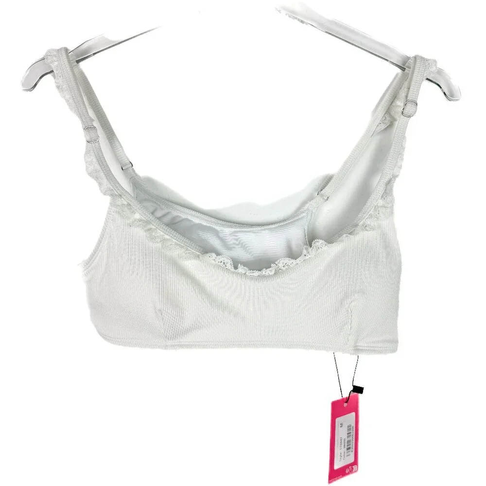 NWT Edikted Lacey Ruffled Bikini Top Ribbed Bralette White Size Medium M NEW - Picture 2 of 11